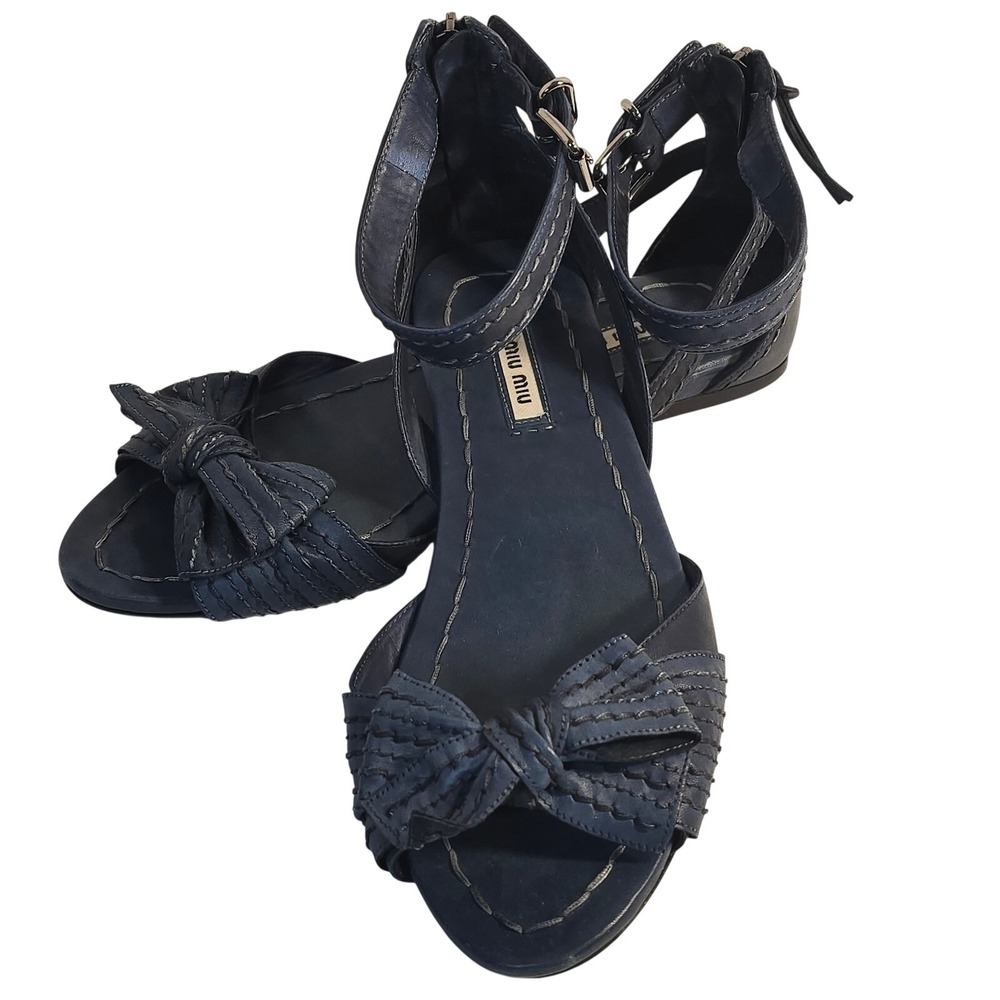 Sz 9 Miu Miu Blue Leather Bow Flat Sandals Ankle Strap Women Italian Handmade